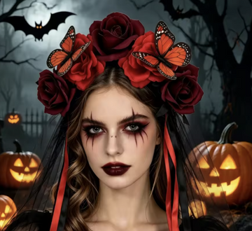 Gotisk Halloween hårbøjle med blomster, sommerfugle og slør