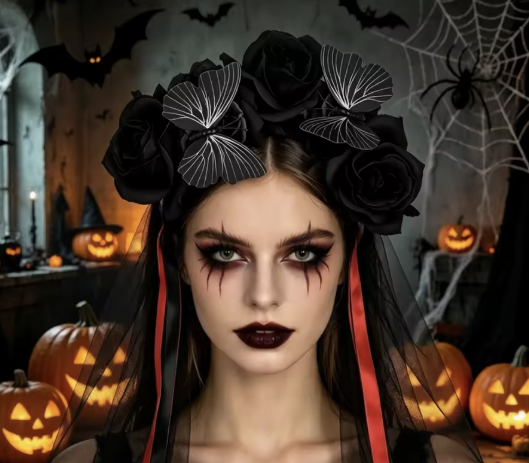 Gotisk Halloween hårbøjle med blomster, sommerfugle og slør