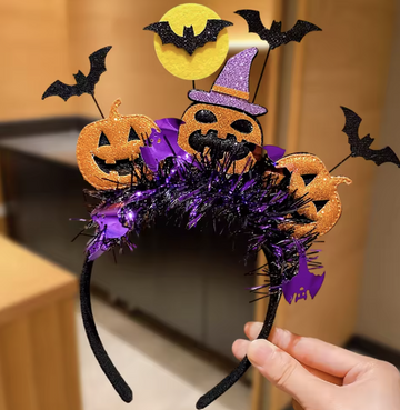 Halloween hårbøjle med græskar, flagermus og glitrende heksehat!